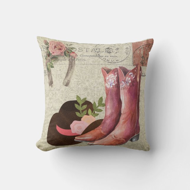 Ephemera French Postcard Cowboy Boots Hat Floral Kissen (Vorderseite)