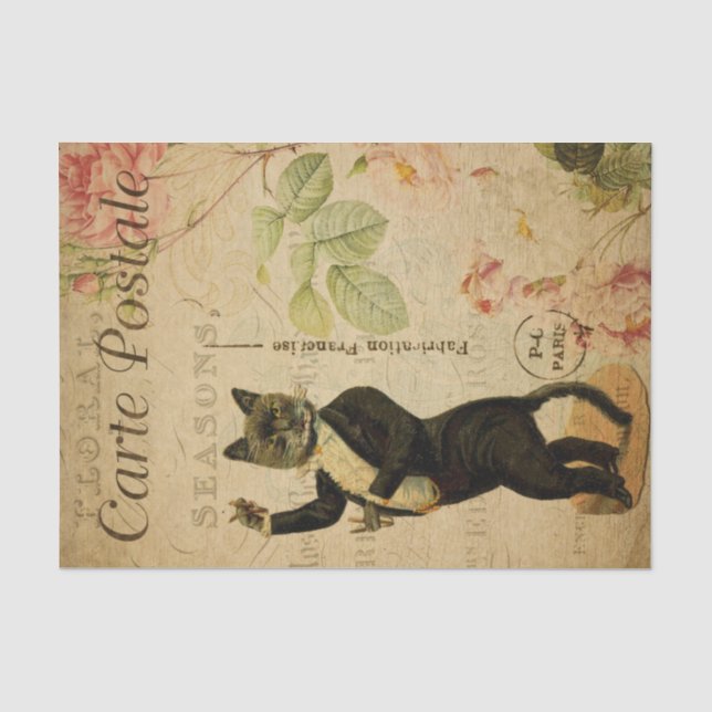 Ephemera French Postcard Dancing Cat Decoupage Seidenpapier (Vorderseite)