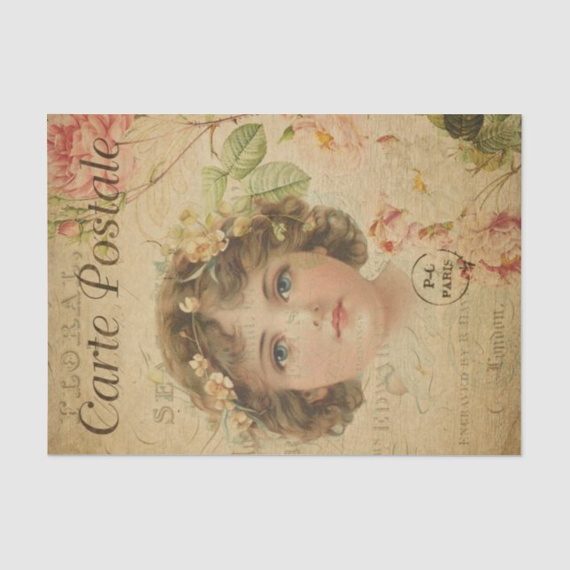 Ephemera French Postcard Niedlich Girl Decoupage Seidenpapier (Vorderseite)