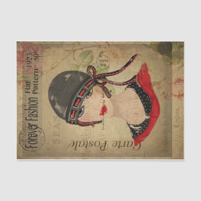 Ephemera French Postcard Women with Hat Decoupage Seidenpapier (Vorderseite)