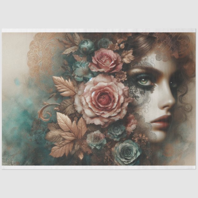 Ephemera Viktorianisch Lady, gotische Blumendekoup Seidenpapier (Vorderseite)