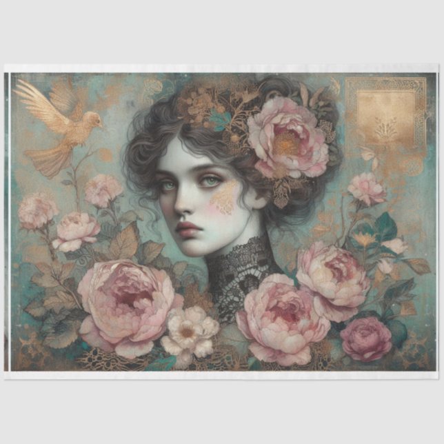 Ephemera Viktorianisch Lady, Rose, Blumendekoupage Seidenpapier (Vorderseite)