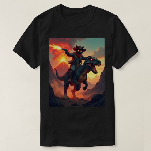 Epic Cowboy Cat Riding Dinosaurier | Fantasy Sci-F T-Shirt (Design vorne)