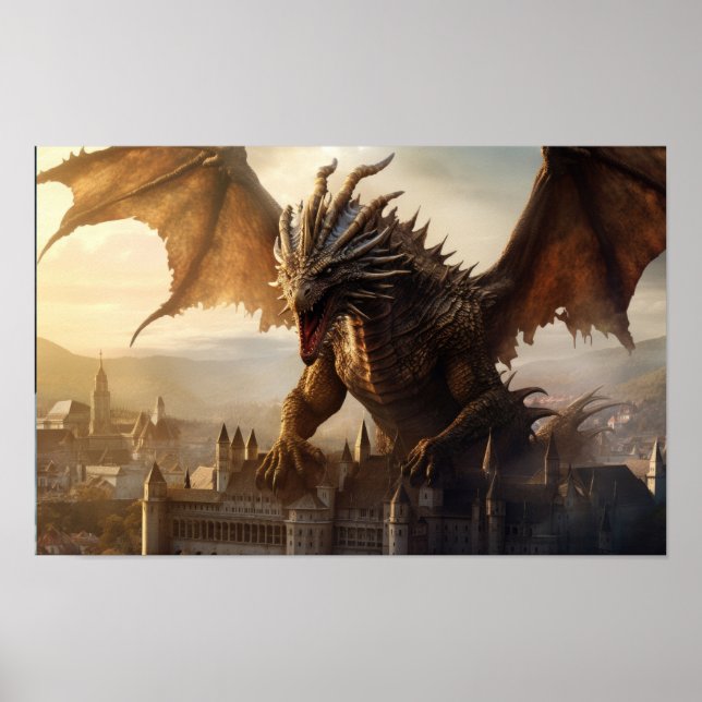 Epic Dragon sur la ville médiévale Poster (Devant)