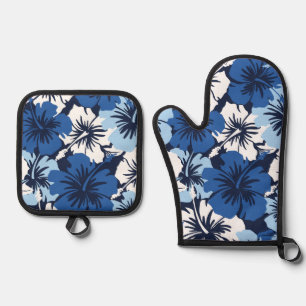 Epic Hibiskus Hawaiian Floral Aloha Blues Ofenhandschuh & Topflappen-Set