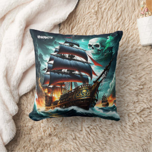 Epic Pirate Ship Battling Stormy Sees at Dusk Kissen
