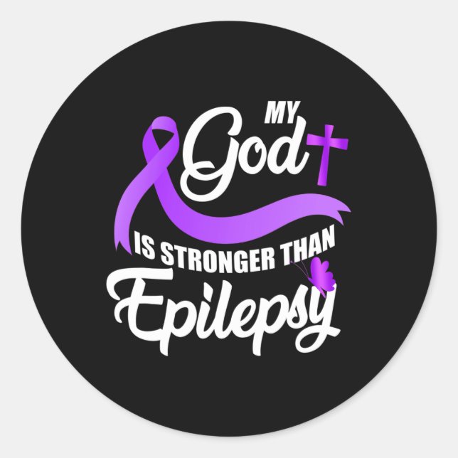 Epilepsie Bewusstseinsribbon Mein Gott ist stärker Runder Aufkleber (Vorderseite)