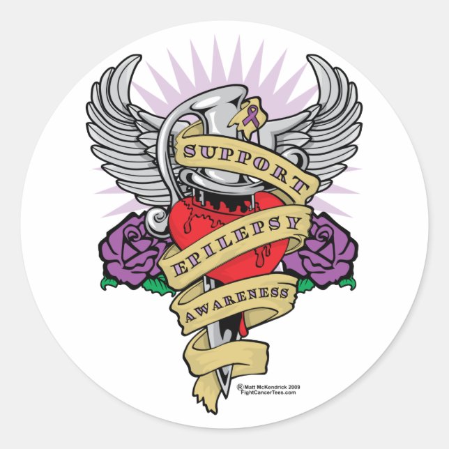 Epilepsie Dagger und Herztattoo Runder Aufkleber (Vorderseite)
