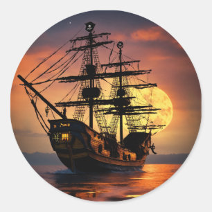 Epische Piratenschiff-Silhouette Sonnenuntergang M Runder Aufkleber