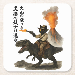 Epische schwarze Katzen-Cowboy-Reitdinosaurier mit Rechteckiger Pappuntersetzer