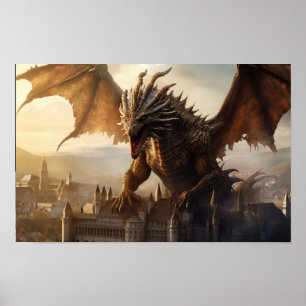 Epischer Drache über mittelalterliches Stadtplakat Poster