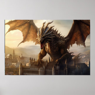 Epischer Drache über mittelalterliches Stadtplakat Poster