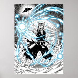 Epischer Manga-Stil Katze Krieger Energie-Strahl U Poster