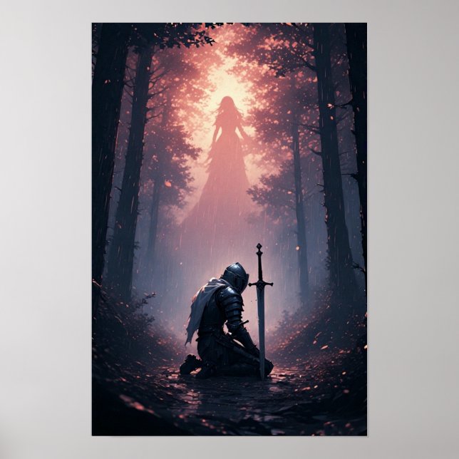 Epischer Ritter in einem dunklen Fantasy-Wald Poster (Vorne)