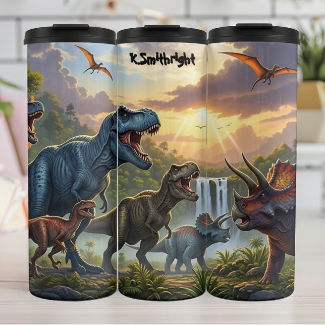 Episches Dinosauriertal Wasserfall Sonnenuntergang Thermosbecher (Von Creator hochgeladen)
