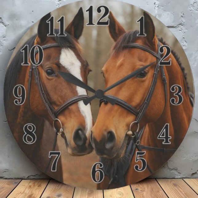 Equestrian pair of horses rustic countryside style große wanduhr (Von Creator hochgeladen)