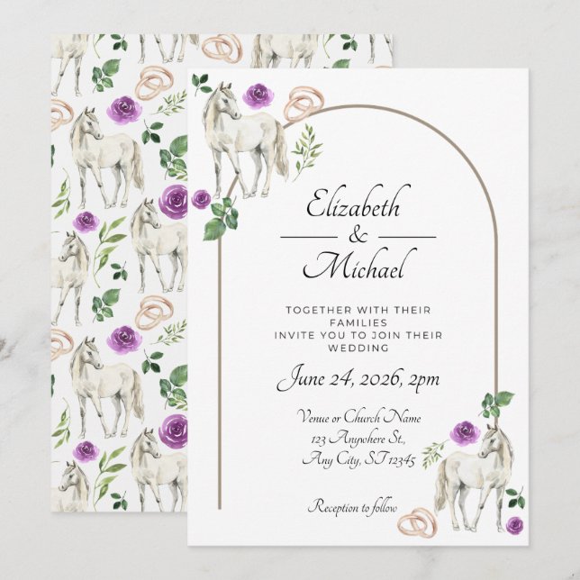 Equestrian Purple Floral Wedding Invitation  (Devant / Derrière)