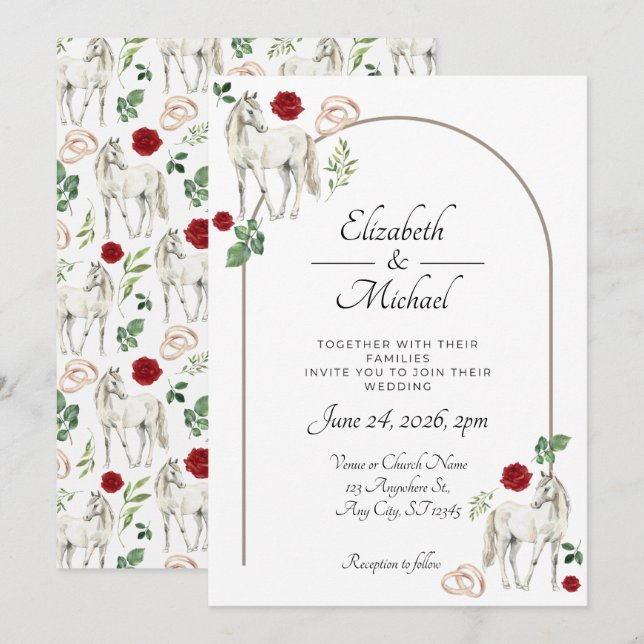 Equestrian Red Floral Wedding Invitation  Einladung (Vorne/Hinten)