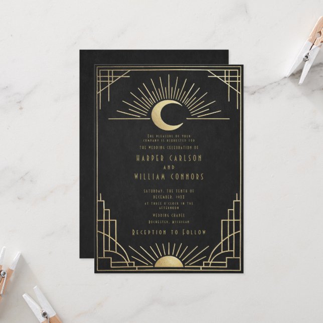 Equinox Art Deco celestial wedding Invitation Einladung (Vorderseite/Rückseite Beispiel)