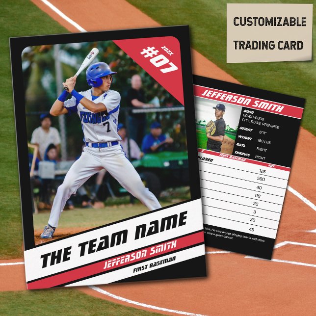 Équipe de baseball carte de commerce Sport cadeau  (Baseball Player Trading Card in Black with Custom Team Name and White Red Elements)