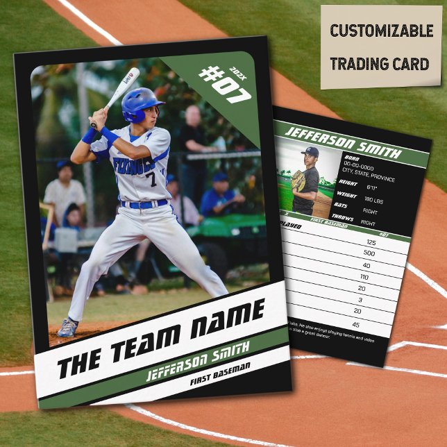 Équipe de baseball carte de commerce Sport cadeau  (Baseball Player Trading Card in Black with Custom Team Name and White Green Elements)