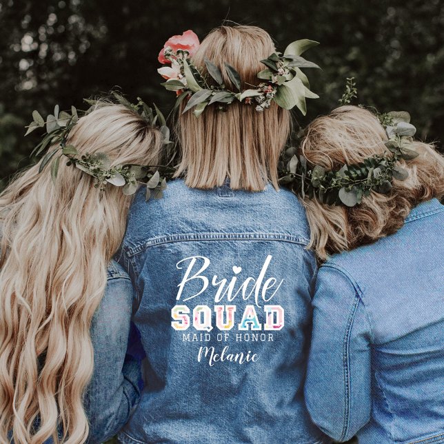 Équipe de mariée Amusants Varsity Mariage Party No (Bride Squad Fun Varsity Wedding Party Custom Name Denim Jacket)