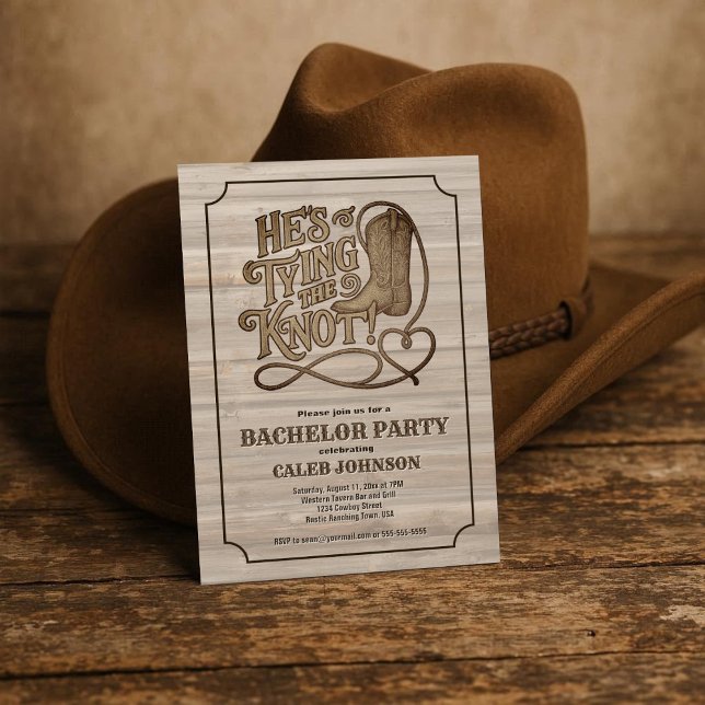 Er bindet die Knot Cowboy Western Bachelor Party Einladung (Von Creator hochgeladen)