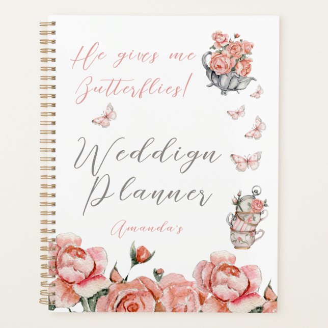 Er gibt Butterfliegen Blush Pink Tea Floral Hochze Planer (Vorderseite)