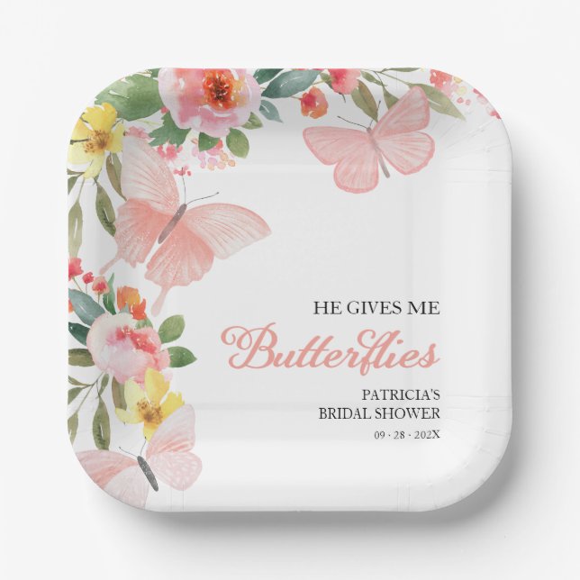 Er gibt mir Schmetterlinge Brautparty Floral Pappteller (Vorderseite)