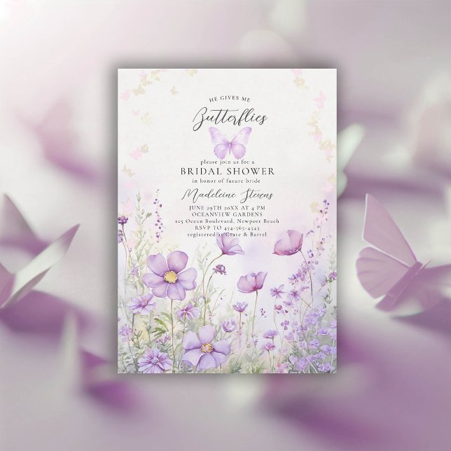 Er gibt mir Schmetterlinge Wildblumen Brautparty Einladung (he gives me butterflies purple wild flower garden watercolor bridal shower invitation)
