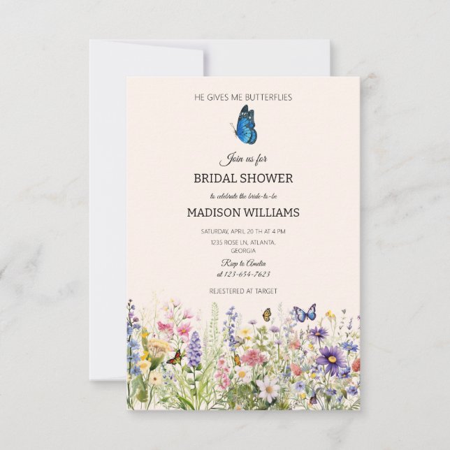 Er gibt mir Schmetterlinge Wildblumen Brautparty Einladung (Vorderseite)