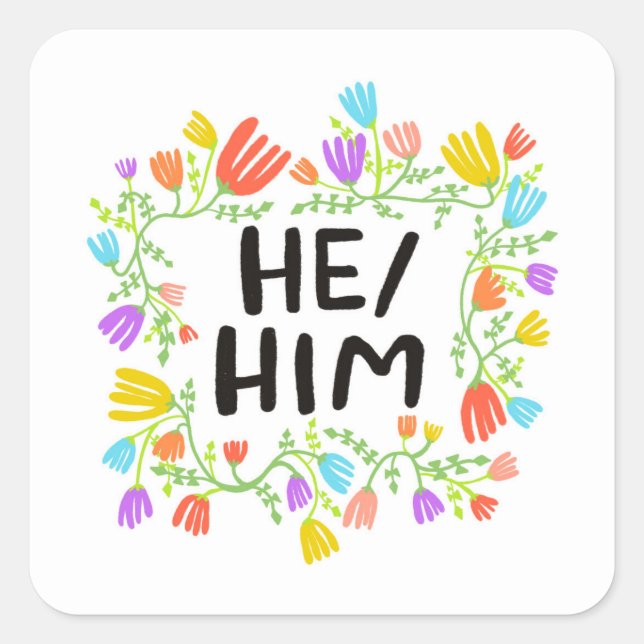 ER/HABM Pronouns Floral Handlettern Set von Quadratischer Aufkleber (Vorderseite)