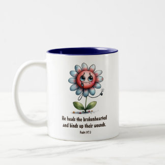 Er heilt die verzweifelte Christliche Schrift Zweifarbige Tasse