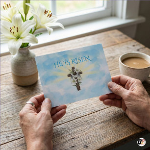 Er ist auferstanden Ostern Kreuz Weiße Lilien Aqua Postkarte