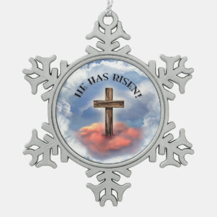 Er ist auferstanden Robustes Kreuz mit Wolken Schneeflocken Zinn-Ornament