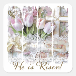 Er ist Christlicher Risen Oaster Tulip Cross Vinta Quadratischer Aufkleber