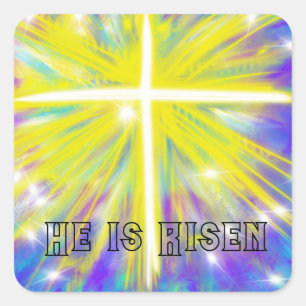 Er ist das Christliche Osterkreuz Quadratischer Aufkleber