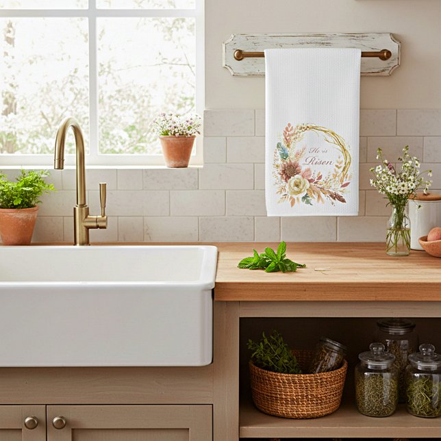 Er ist der Risen boho Blumenkranz Oster Geschirrtuch (Von Creator hochgeladen)