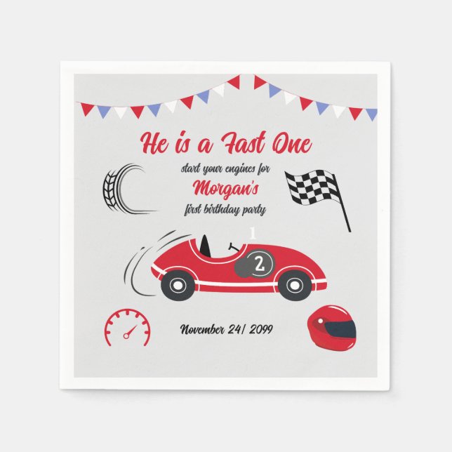 Er ist ein schnelles, festes Red Race Car Geburtst Serviette (Vorderseite)