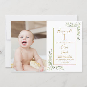 Er ist ein Wild One Boy 1st Birthday Greenery Foto Einladung