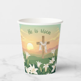 Er ist eine Ostersonnenopapier-Tasse Pappbecher