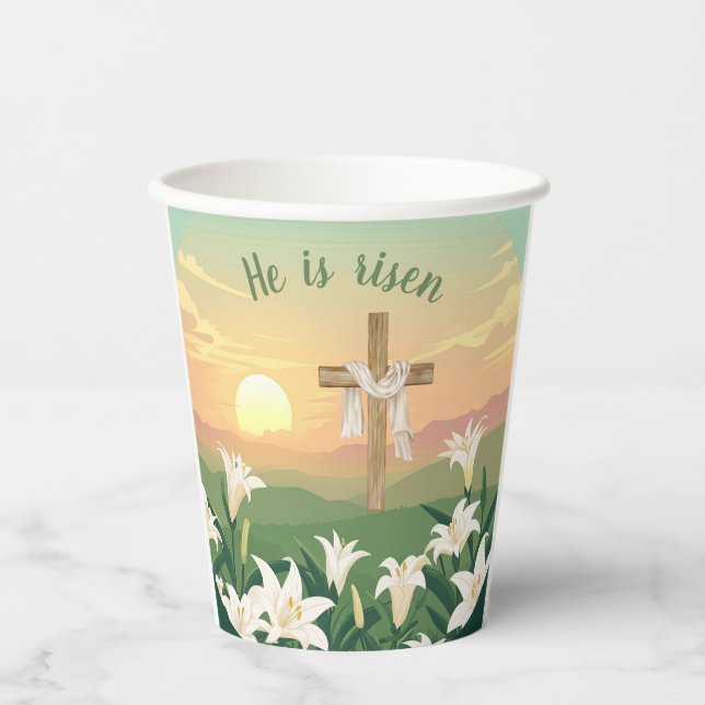 Er ist eine Ostersonnenopapier-Tasse Pappbecher (Vorderseite)