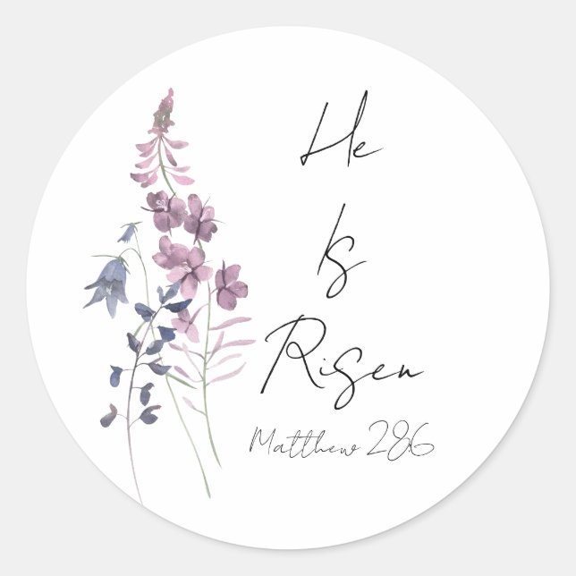 Er ist Lila Blumenschrift Religiöse Ostern Runder Aufkleber (Vorderseite)