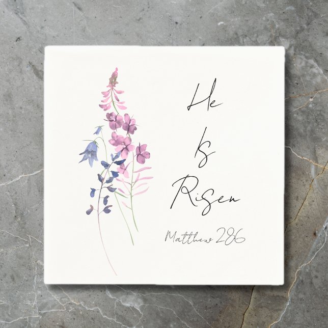 Er ist Lila Blumenschrift Religiöse Ostern Serviette (He is Risen Purple Floral Script Religious Easter Napkins)