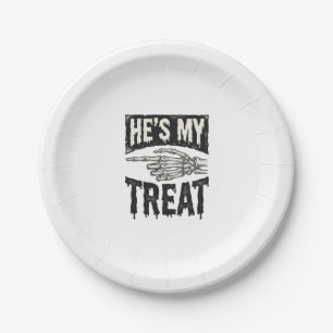 Er ist mein Leckerli-Skelett-Hand-Halloween-Shirt- Pappteller