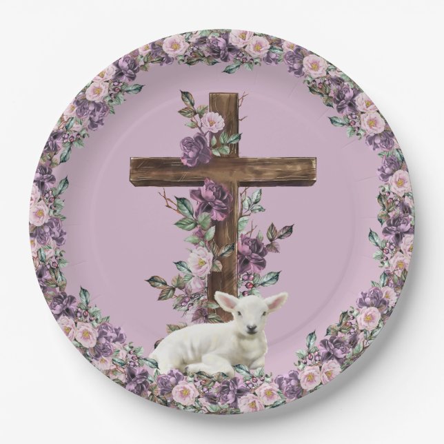 Er ist mit Lamm-Papier-Tellern Risen Blumenkreuz Pappteller (Vorderseite)