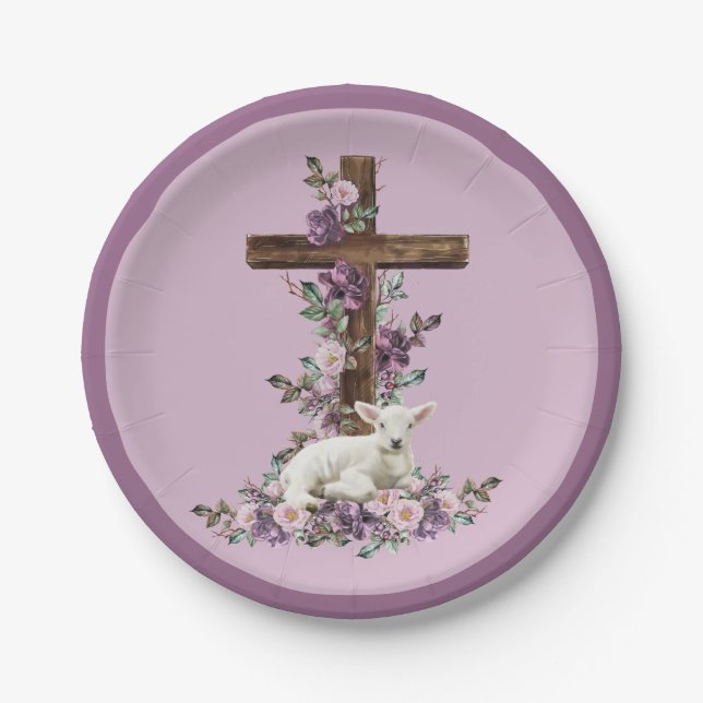 Er ist mit Lamm-Papier-Tellern Risen Blumenkreuz Pappteller (Vorderseite)