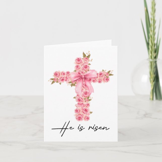 Er ist Rised Coquette Bow Floral Cross Faith Oster Karte (Vorderseite)