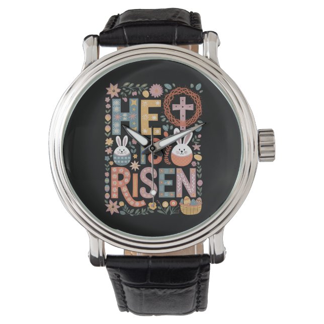 Er ist Rised Jesus Floral Niedlich Ostern Sonnenka Armbanduhr (Vorderseite)