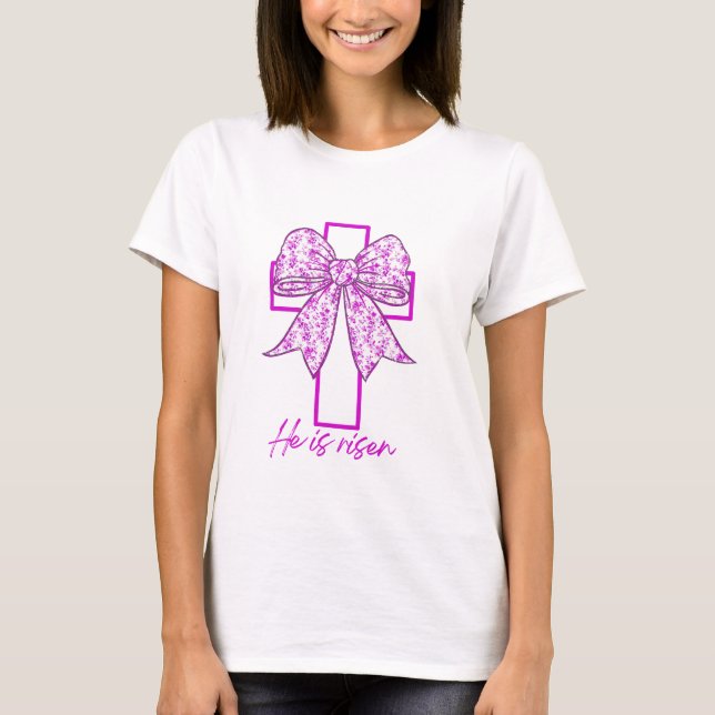 Er ist Risen Cross Floral Retro Croquette Bow T-Shirt (Vorderseite)